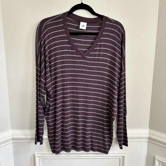 CAbi Tops - CAbi 3998 Serenity Tee Long Sleeve Plum Purple With Gray Stripe Medium